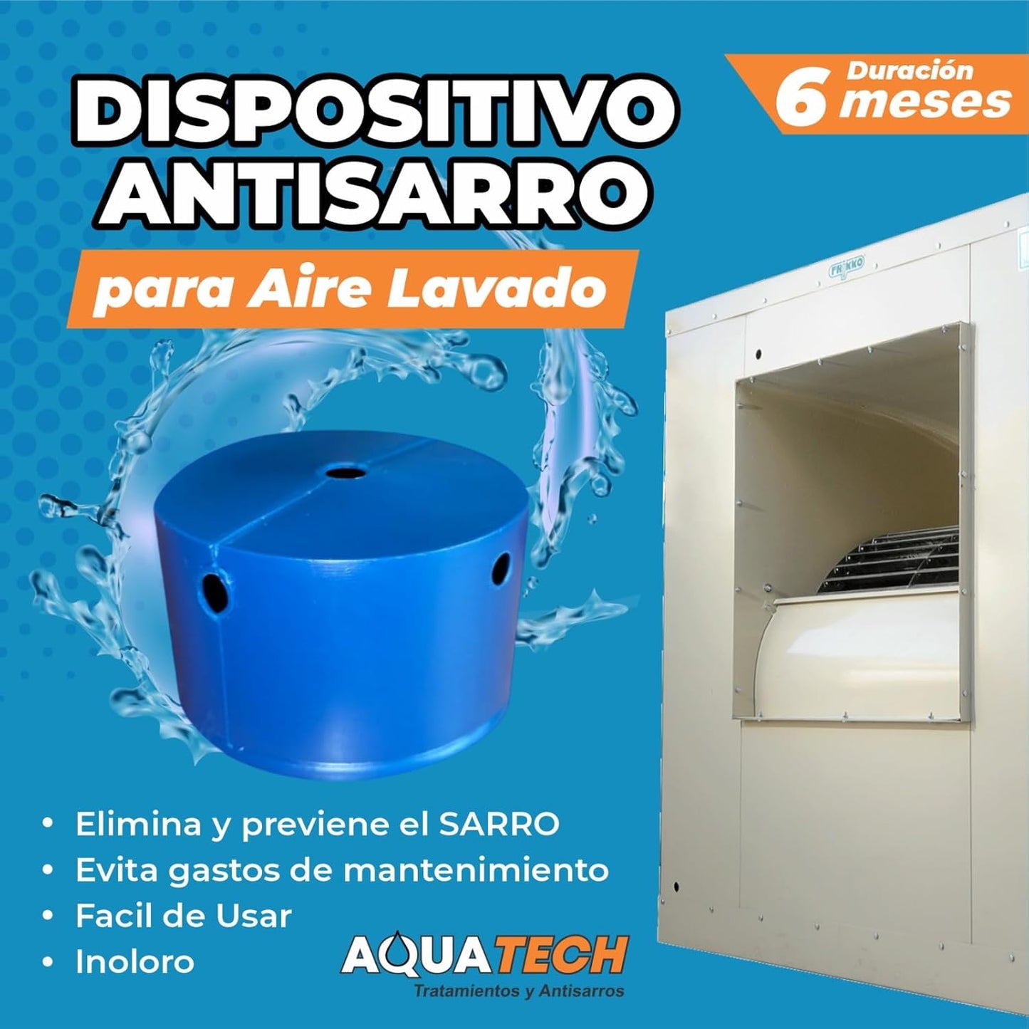 Dispositivo antisarro AquaTech para aire lavado de color azul con duración de 6 meses y unidad enfriadora de fondo.