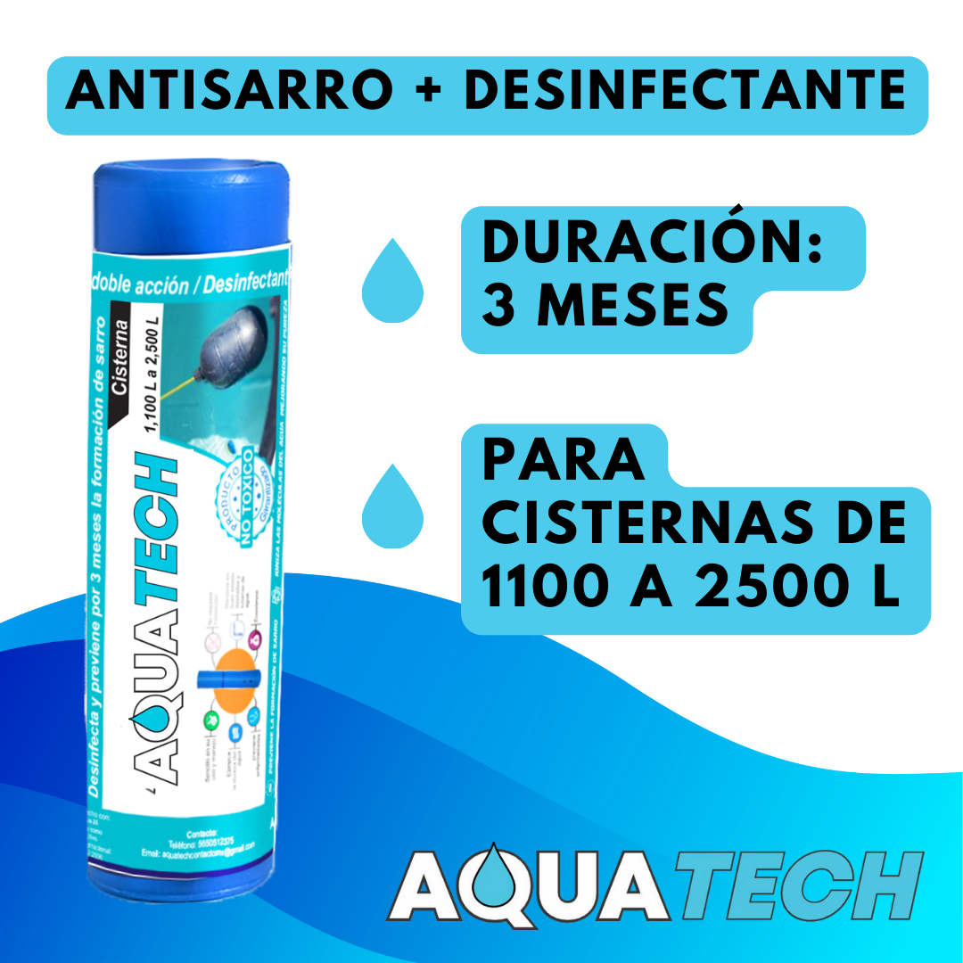 Sistema Dual Antisarro y Desinfectante para Cisterna De 1,100 a 2,400 lts 3 Meses.