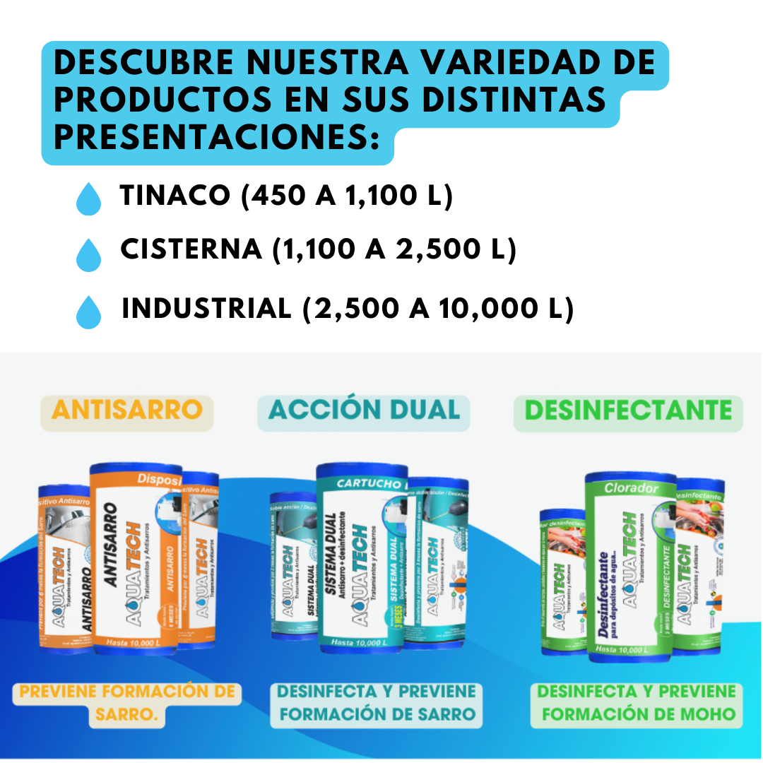 Sistema Dual Antisarro y Desinfectante para Cisterna De 1,100 a 2,400 lts 3 Meses.