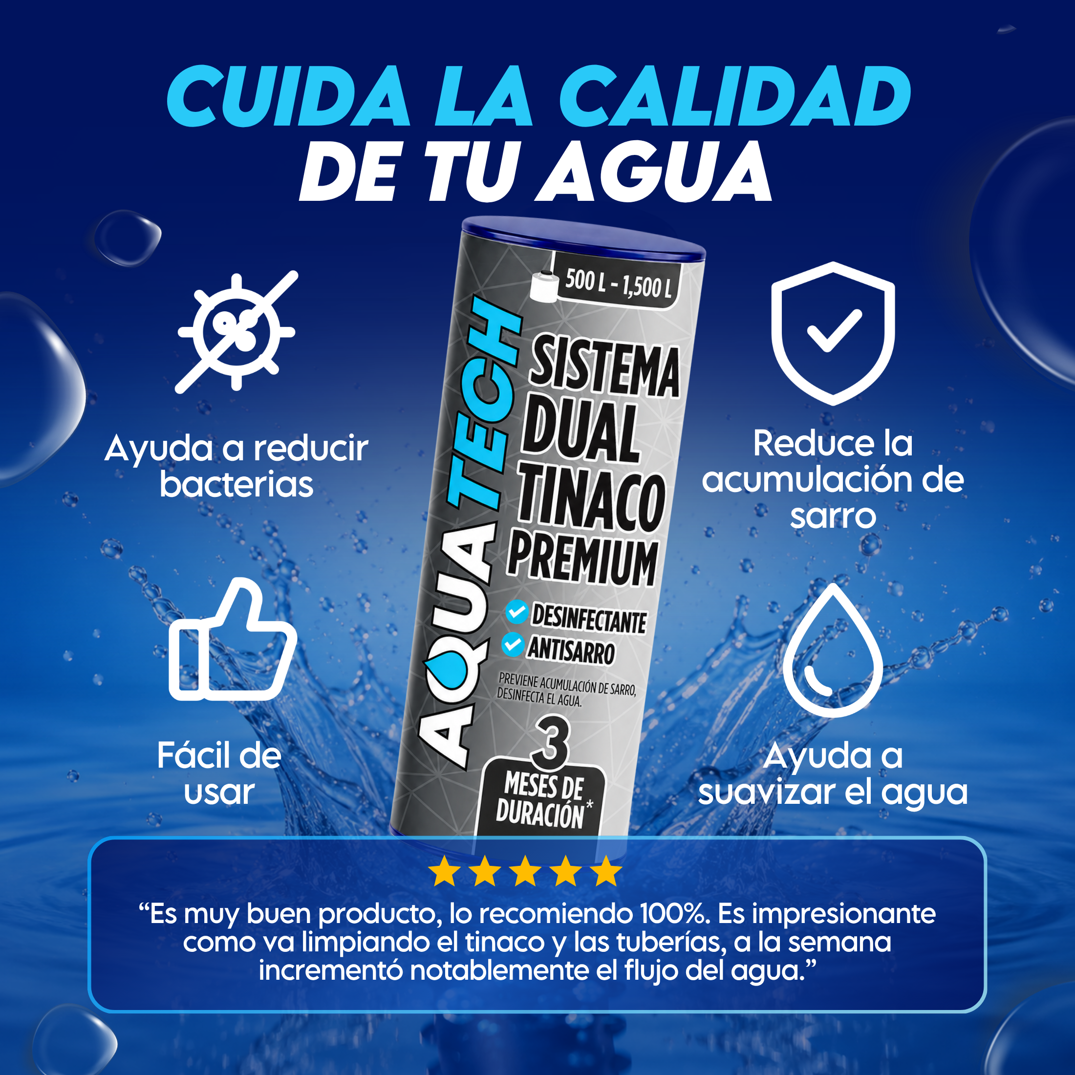 Sistema Antisarro y Desinfectante Premium para Tinacos y Cisternas de 500 a 1,500 L
